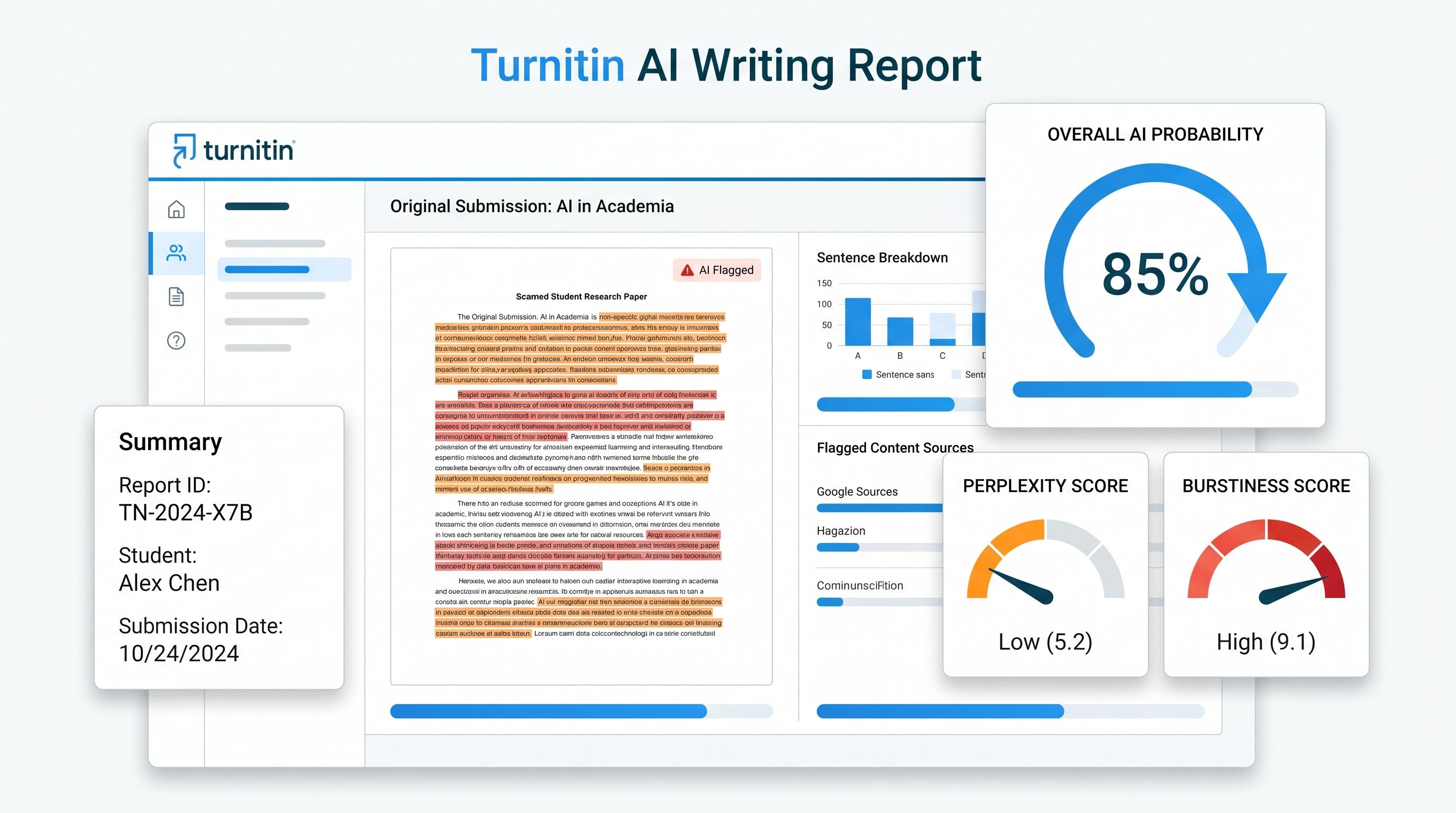 Diagram showing Turnitin AI detection score breakdown with perplexity and burstiness indicators on a student assignment