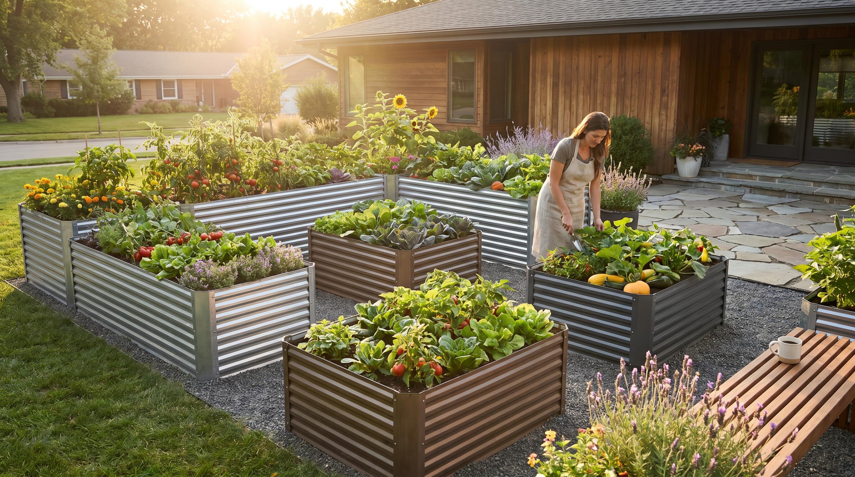 A beautifully designed corner lot garden featuring raised garden beds arranged in an L-shape with lush vegetables and flowering plants