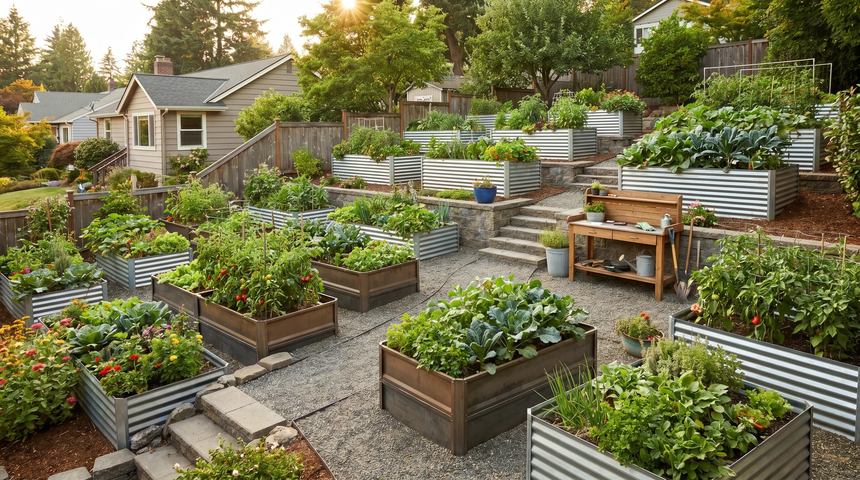 Terraced raised garden beds on a sloped backyard with L-shaped and corner lot layouts demonstrating smart raised bed planting layout design