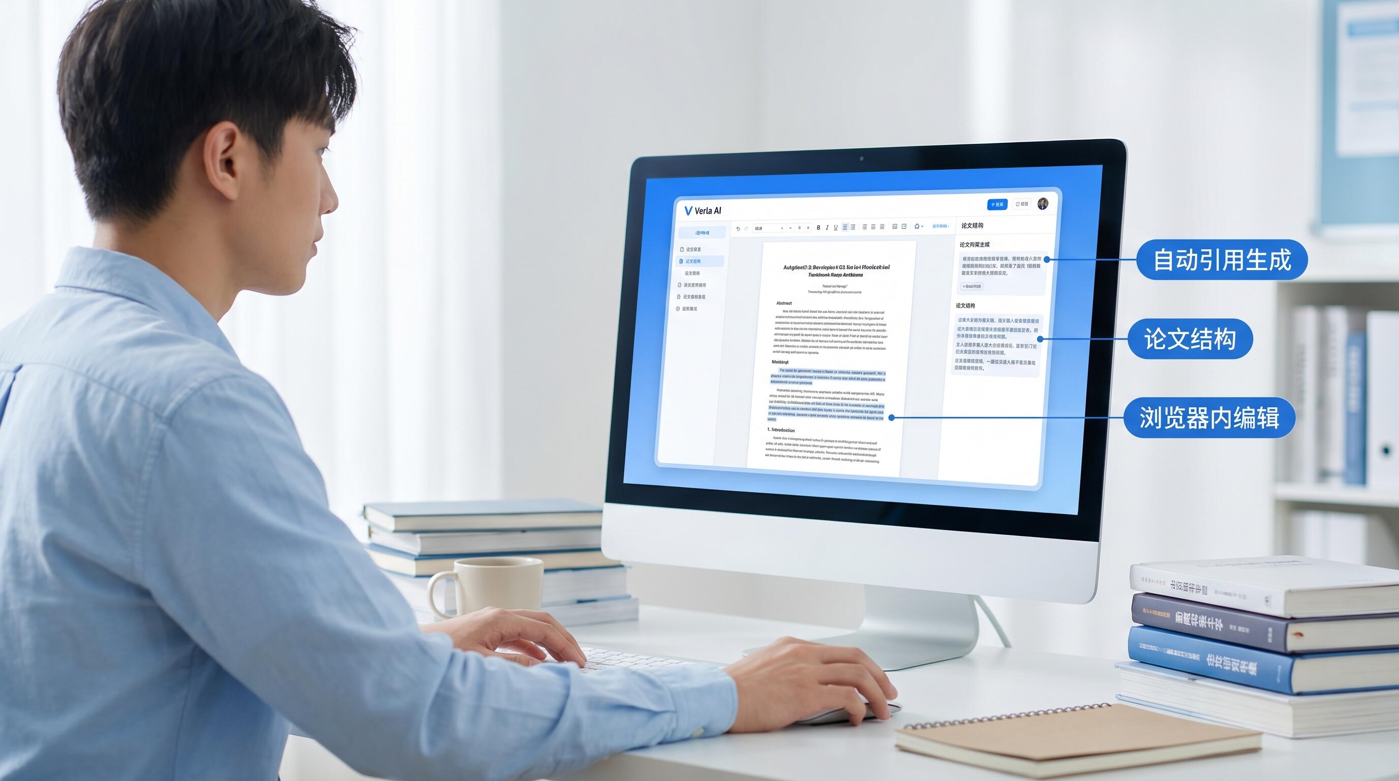 Student using Verla AI academic writing platform to organize research and generate citations for a university assignment
