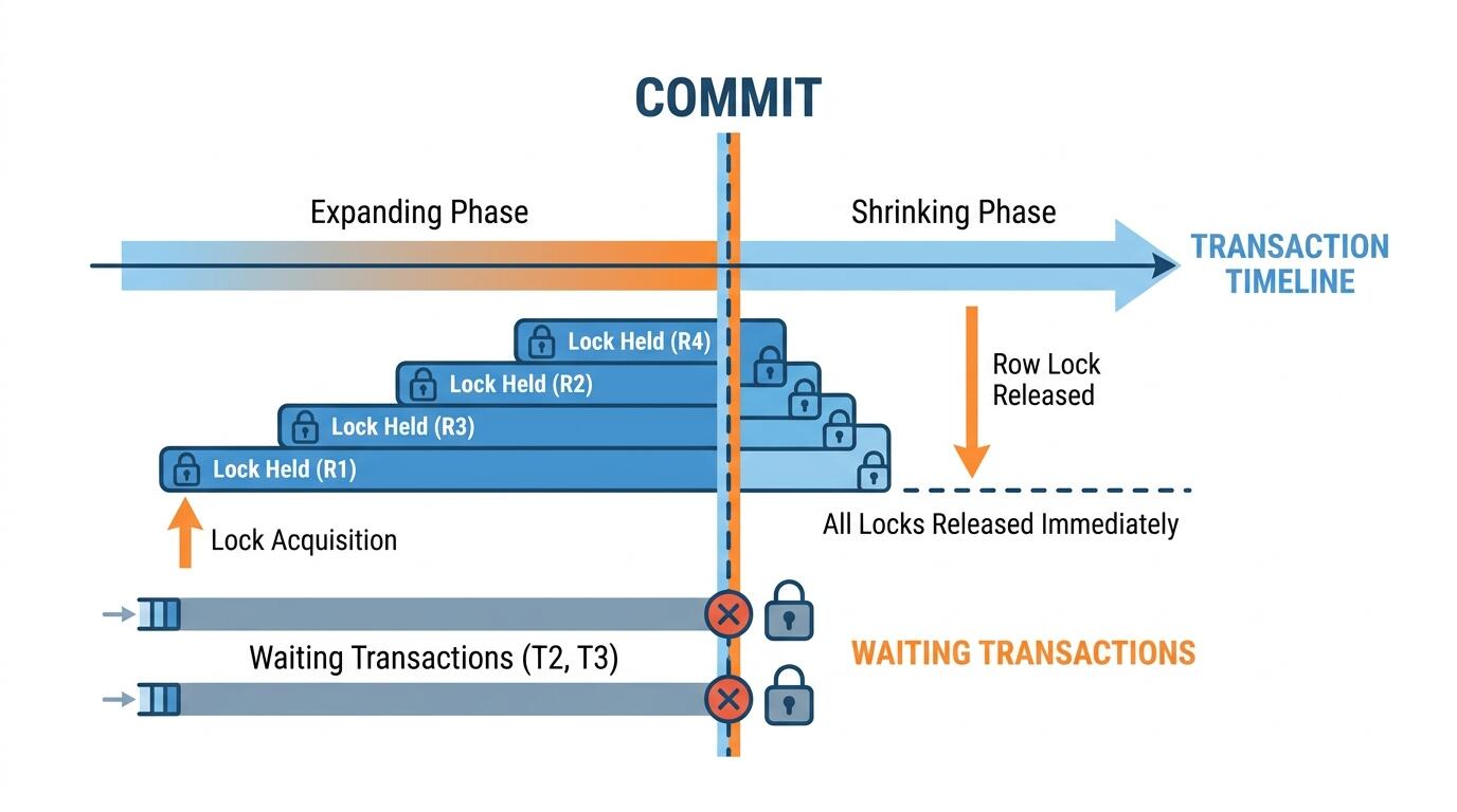 InnoDB row lock phases and transaction commit sequence in MySQL database architecture
