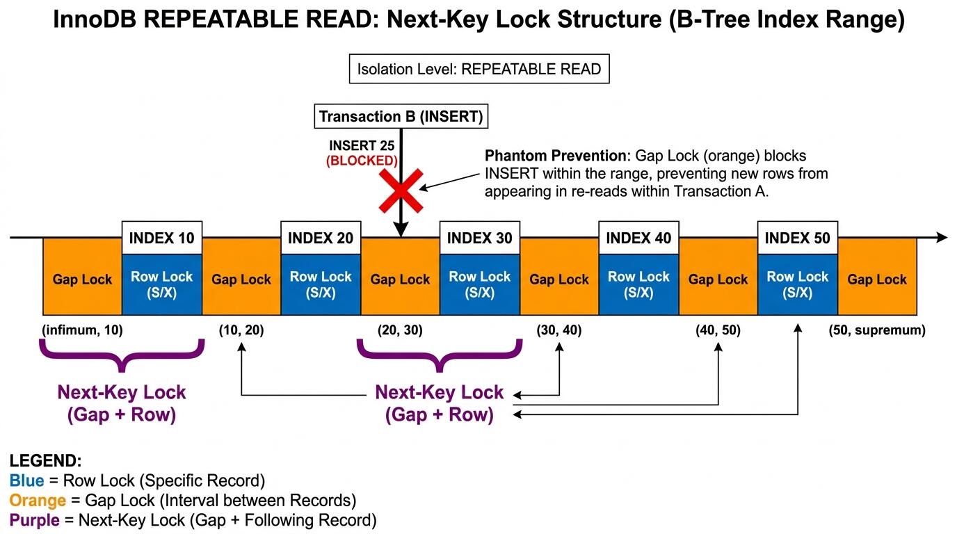 InnoDB next-key lock diagram showing gap lock and row lock interaction in REPEATABLE READ isolation level