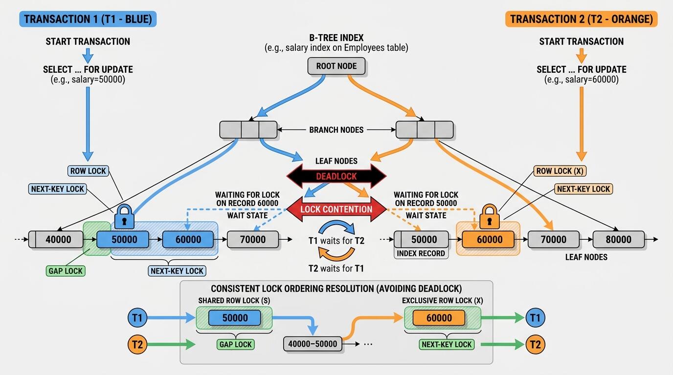 InnoDB row-level locking diagram showing two-phase locking protocol and index-based lock acquisition