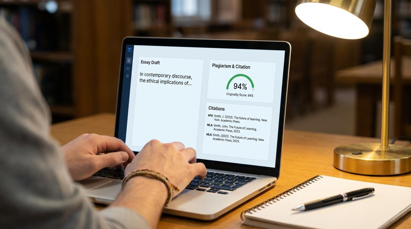 Student using AI-powered essay writing tool and plagiarism checker to complete academic assignments efficiently