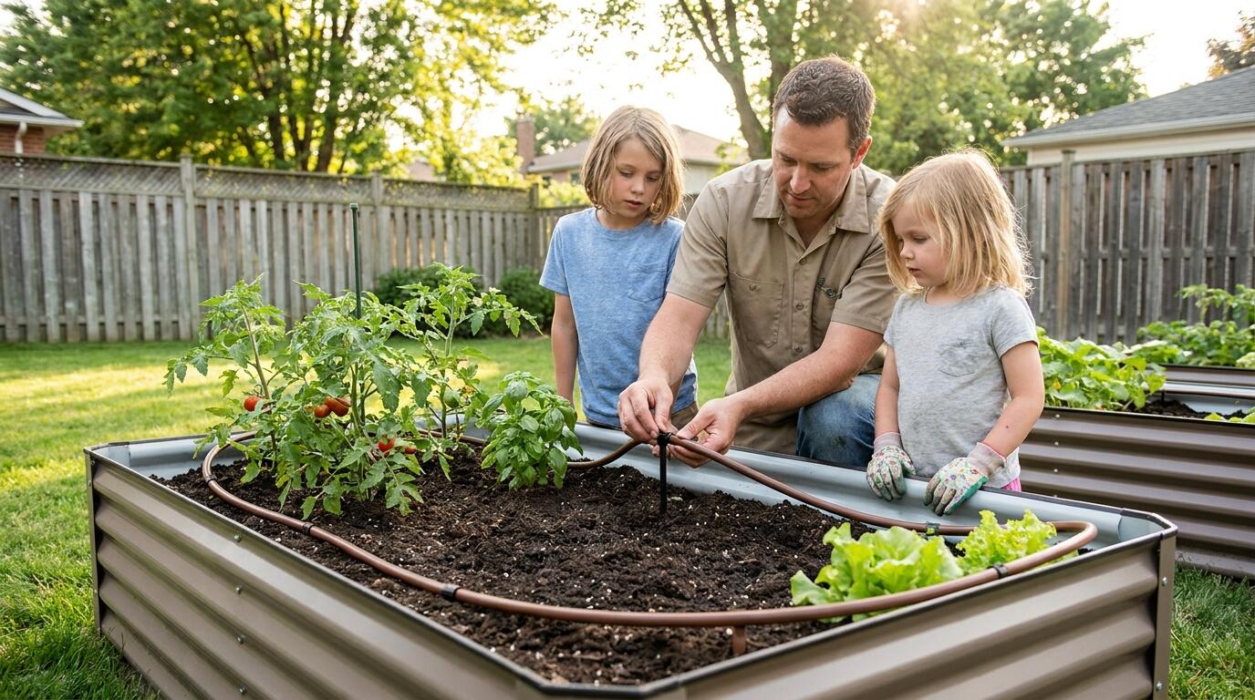 Kids and parent working together in a raised bed garden layout with galvanized metal garden beds and drip irrigation in summer