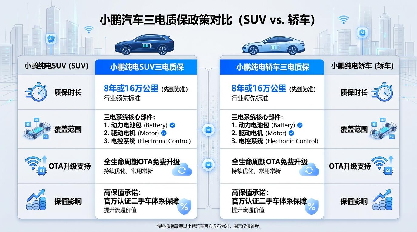 小鹏智能电动SUV与电动轿车三电质保对比分析，connected car技术赋能长期可靠性