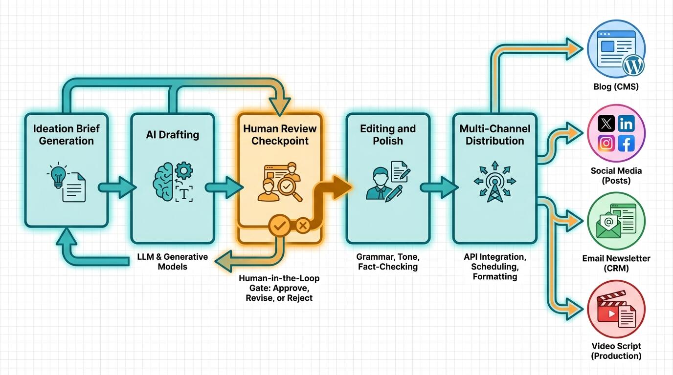 AI content workflow diagram showing human-in-the-loop review stages and automated pipeline steps