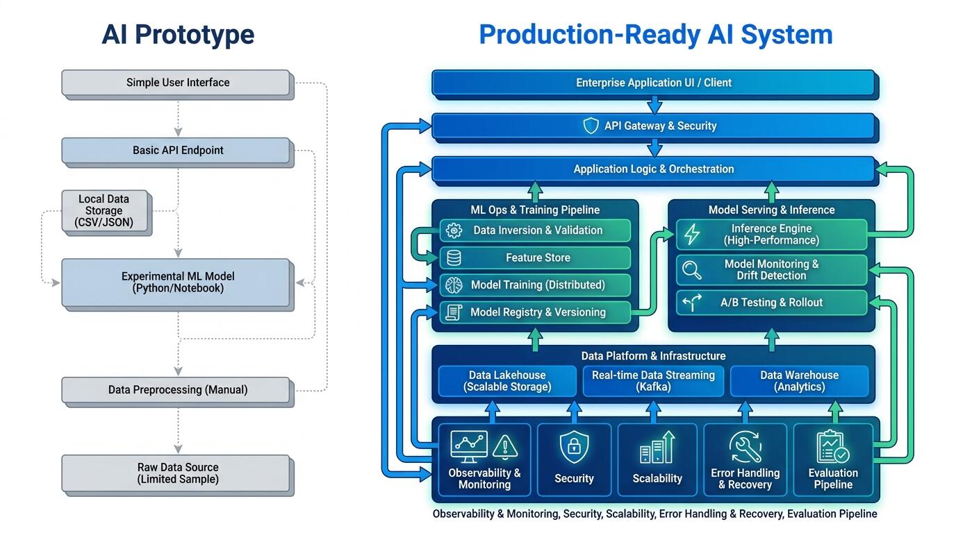 Comparison of AI prototype and production system architecture layers